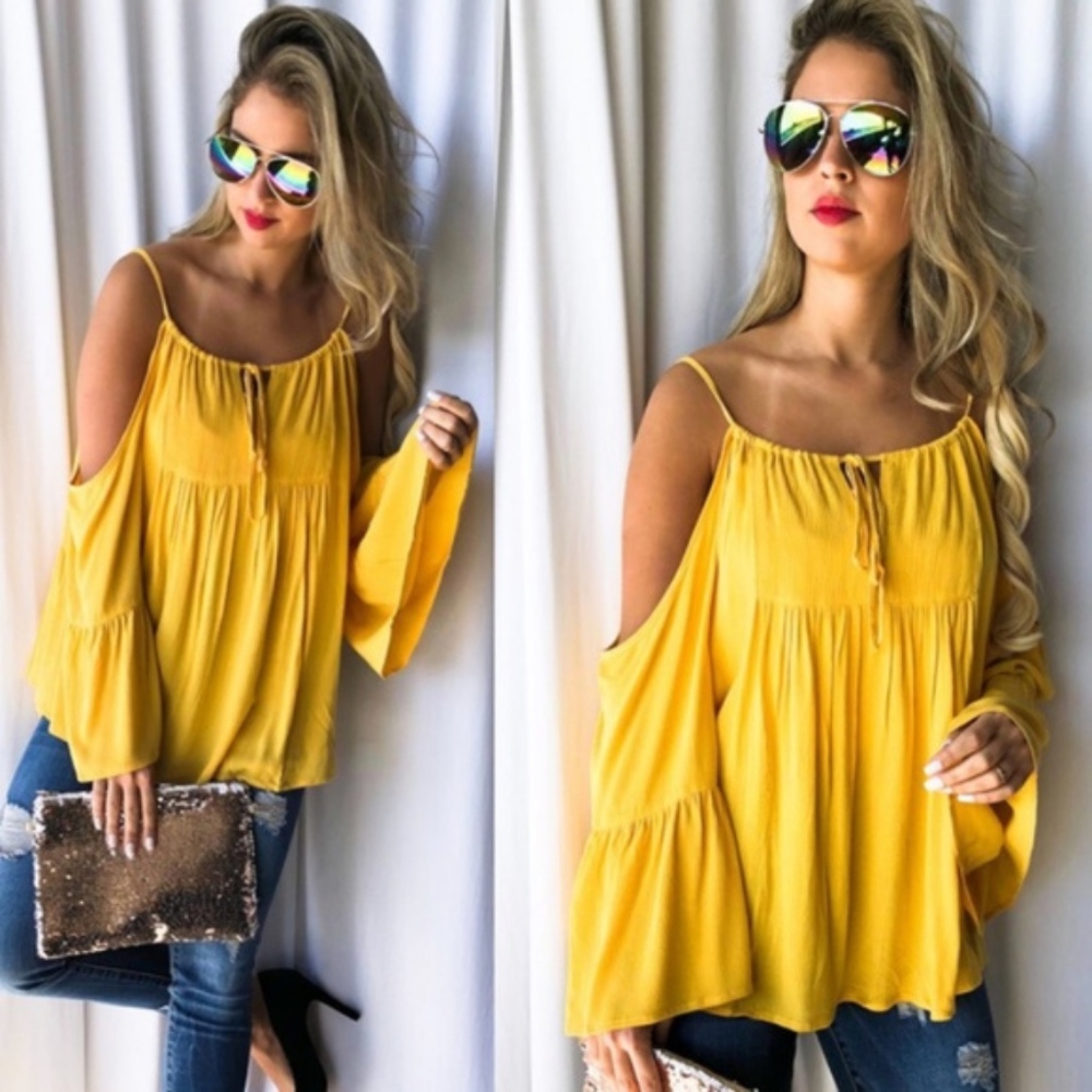 030 Boho Yellow Cold Shoulder Ruffle Blouse